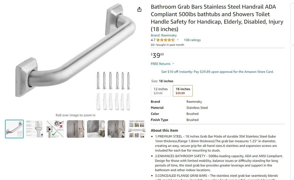 Bathroom Grab Bars Stainless Steel Handrail 18 Inches