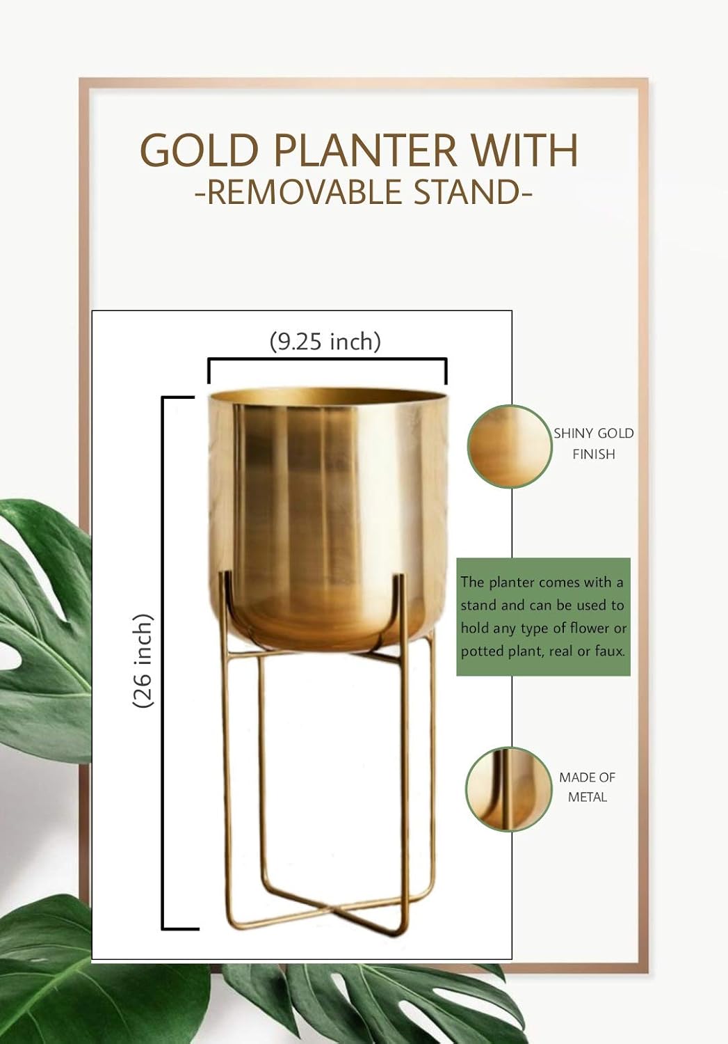 Serene Spaces Living Tall Gold Planter with Detachable Metal Stand