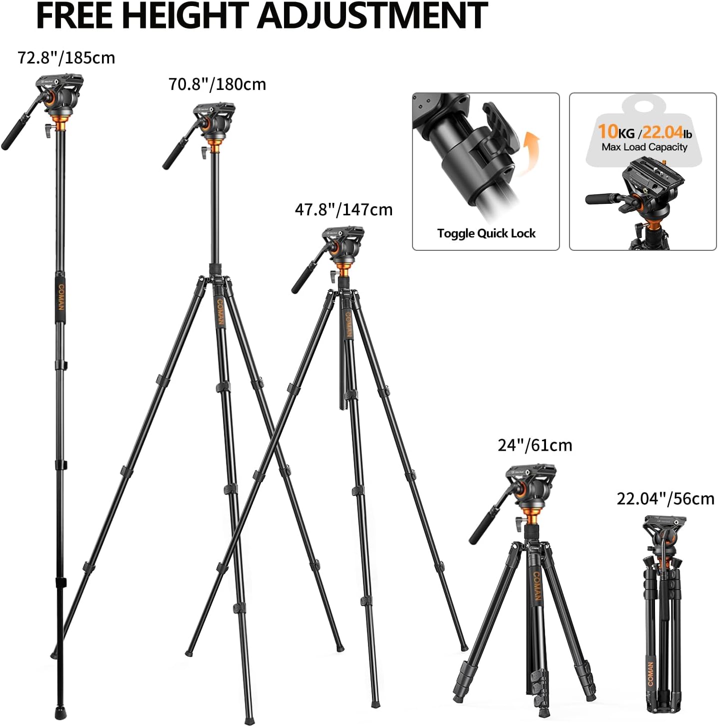 Fluid Head Tripod, COMAN Video Camera Tripod Monopod Aluminium Alloy 70.8 inch Detachable