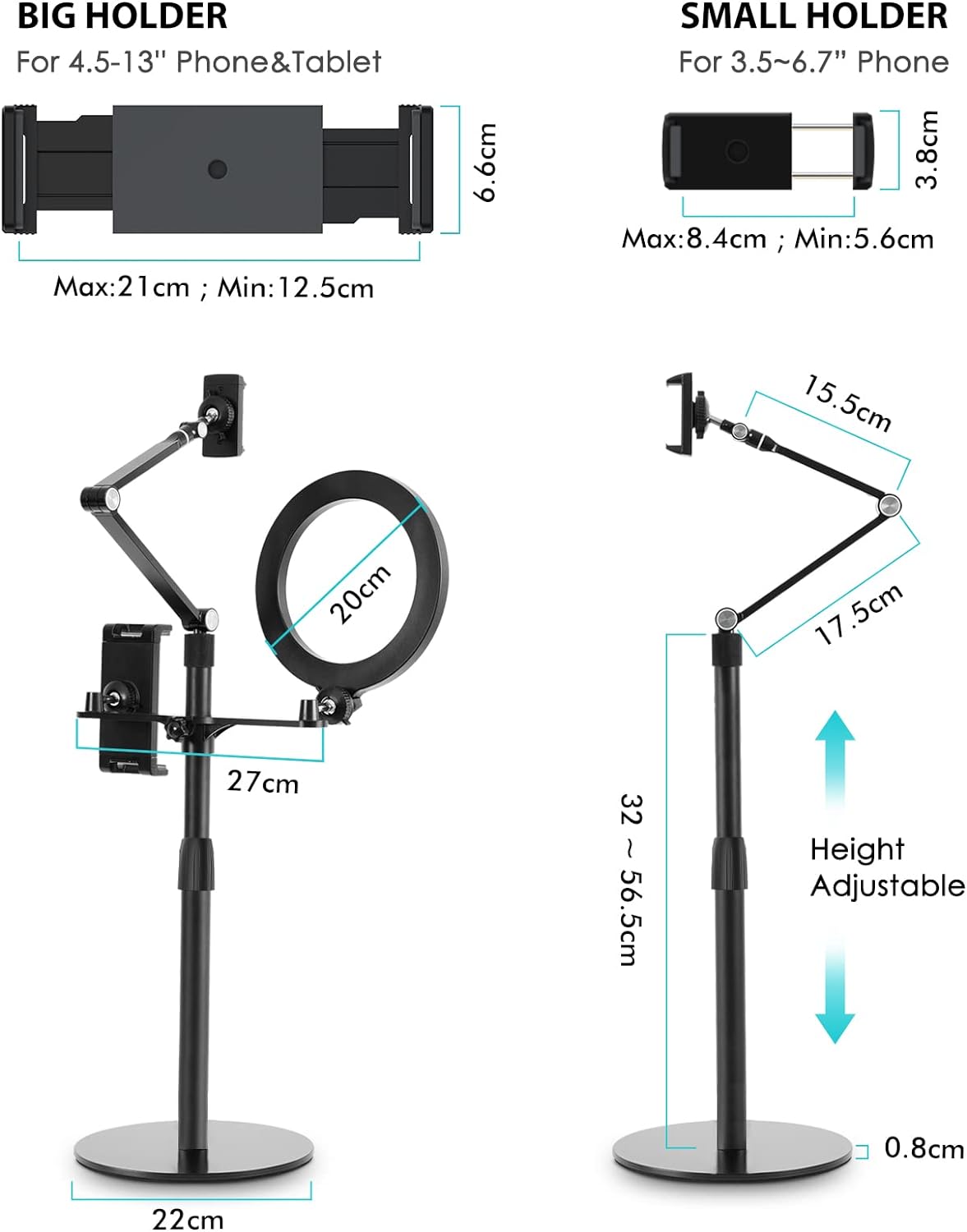 viozon 3-in-1 Selfie Desktop Live Stand, Height Adjustable/Overhead, 8" LED Ring Light