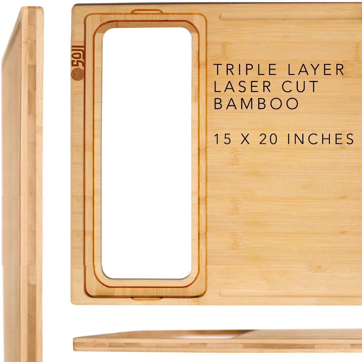 Soji Zenprep Extra Large Bamboo Cutting Board With Containers (Set Of 3) - Over The Sink Chopping Board