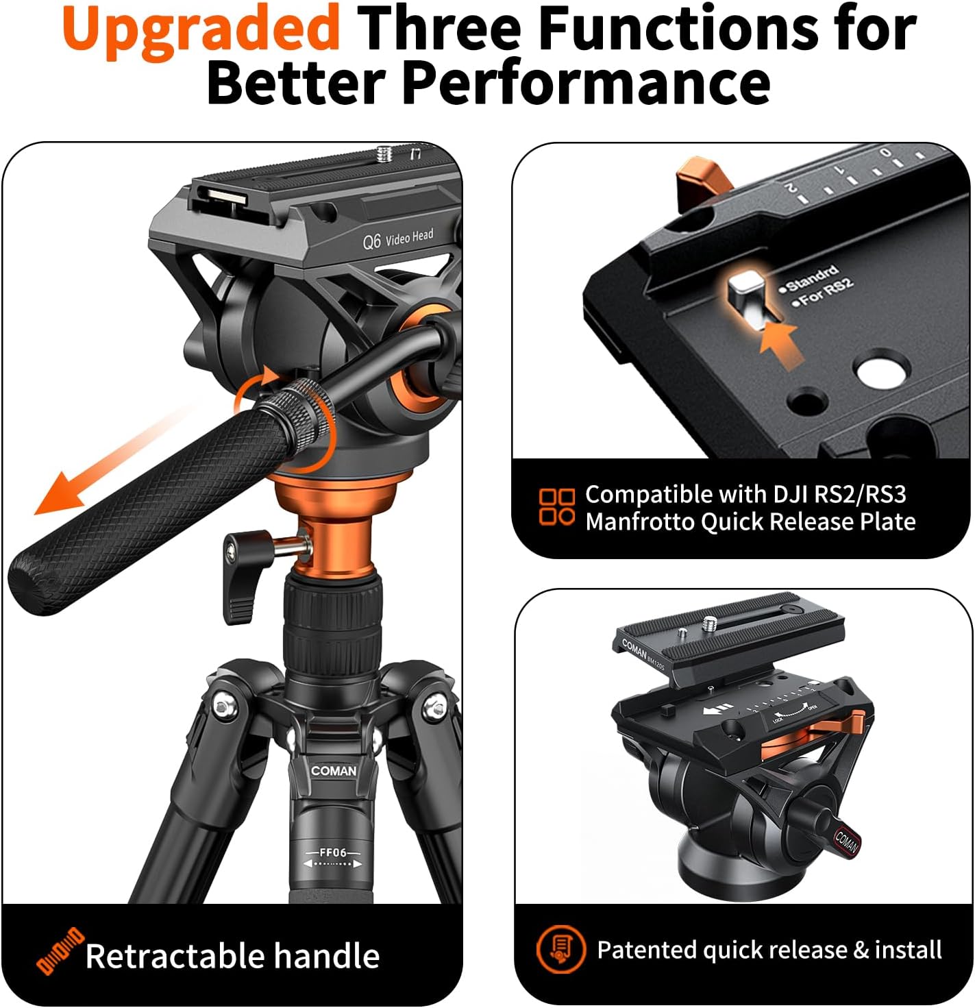 Fluid Head Tripod, COMAN Video Camera Tripod Monopod Aluminium Alloy 70.8 inch Detachable