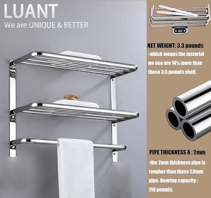LUANT Bathroom Shelf 3-Tier Wall Mounting Rack with Towel Bars