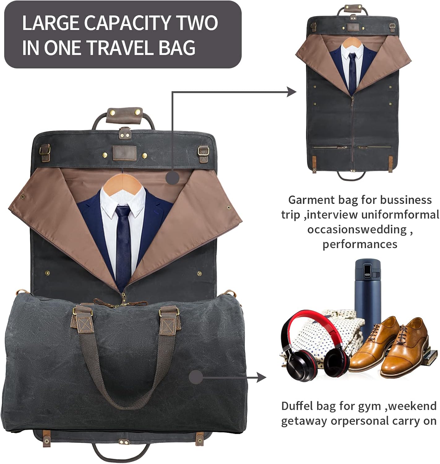2 in 1 Canvas Leather Suit Luggage Garment Bag with Shoulder Strap for Travel (Waxed Black)