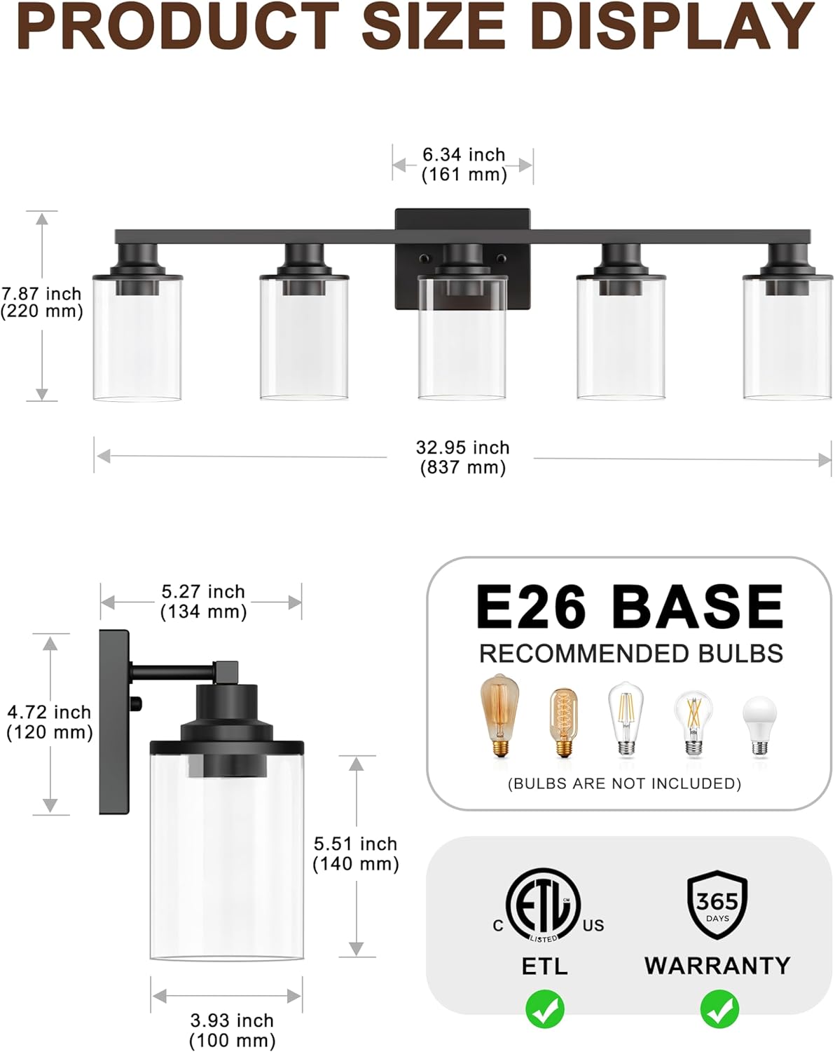 DORESshop Bathroom Light Fixtures, 5-Light Black Bathroom Lighting Fixtures Over Mirror
