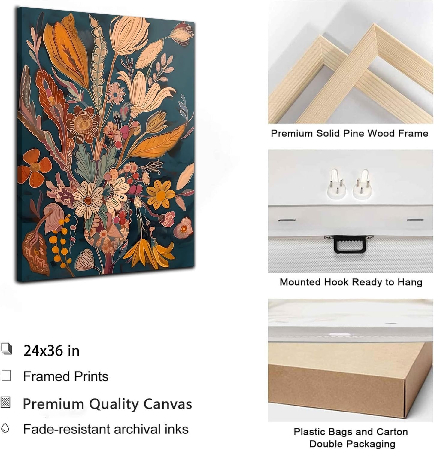 Boho Flower Canvas Wall Art Abstract Flower Plant Wall decor pictures Mid Century Modern Flowers