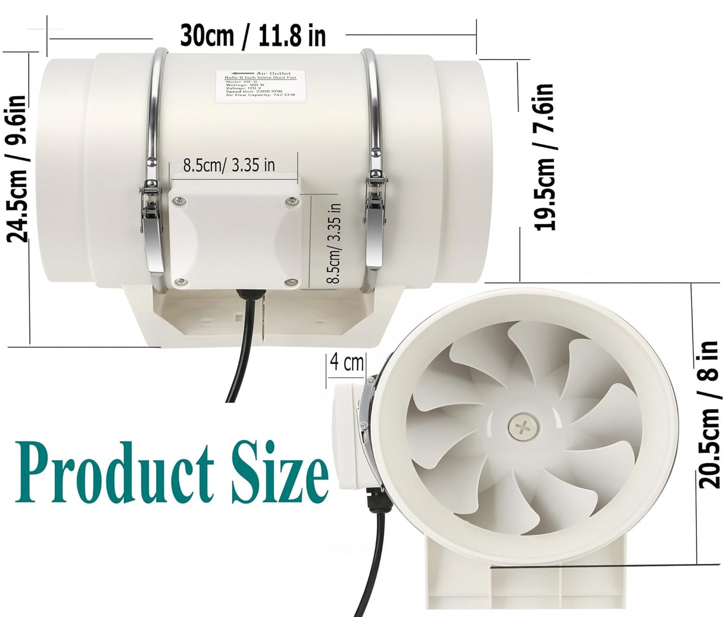 Nalle 8 Inchs Inline Duct Fan Radon Fan 168W 740 CFM Ventilation Exhaust Blower Fans