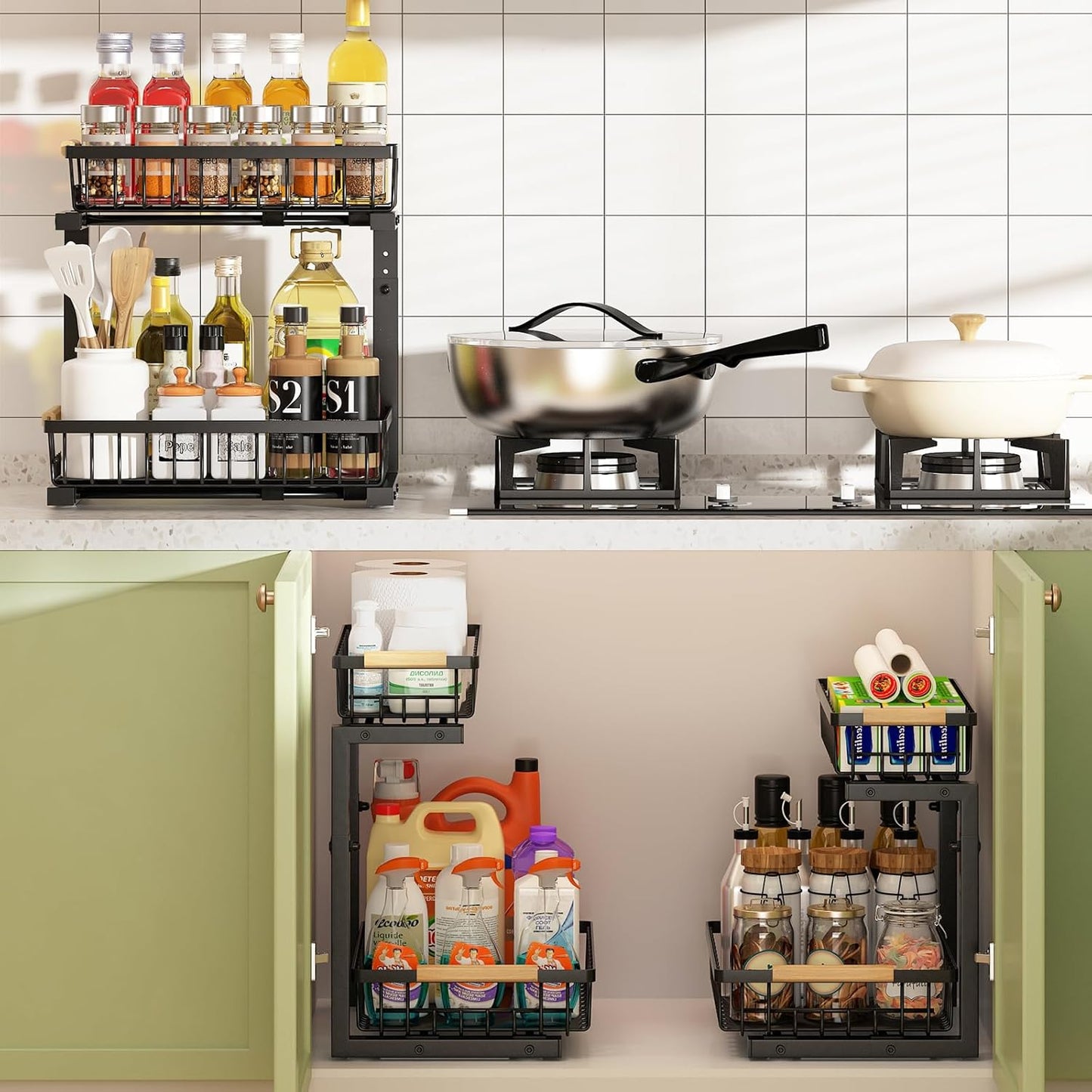 REALINN Under Sink Organizer, 2 Pack Height Adjustable Under Sink Organizers