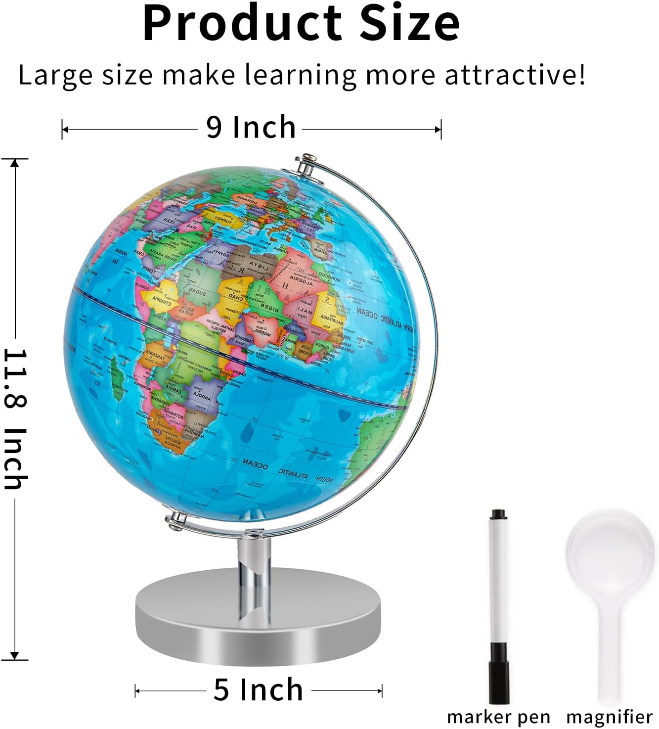 9'' Globe for Children World Globe with Stand Rewritable Easy-Read High Clear Map Earth
