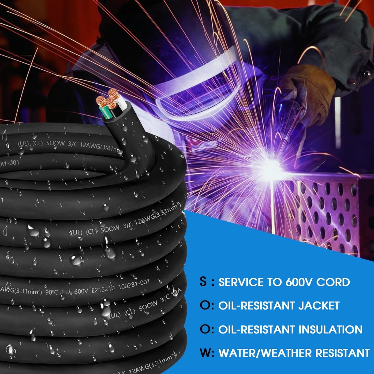 12/3 Wire 12 Gauge SOOW Wire 12AWG SOOW Portable Power Cable 12 Gauge 3 Conductor Electric Cable