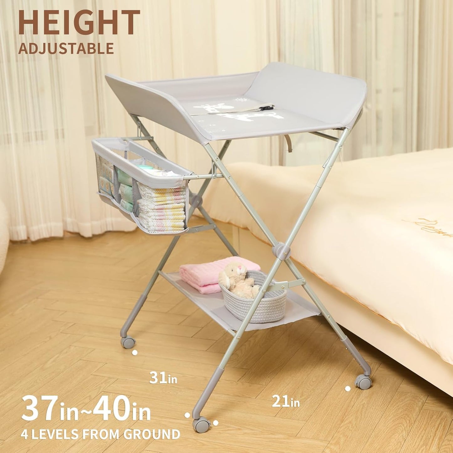 KARAOK Baby Changing Table with Wheels, Portable Diaper Changing Station with 4-Level Height