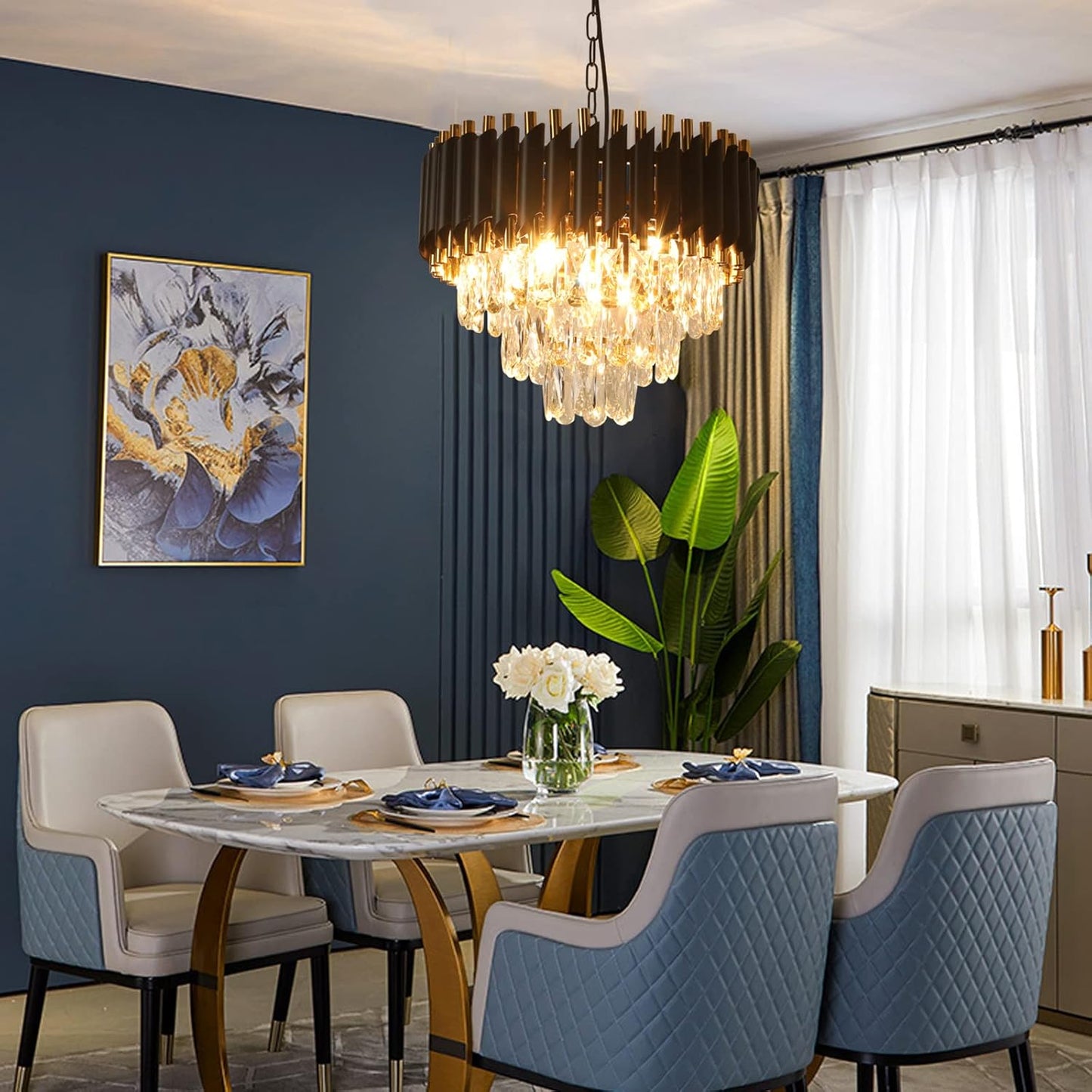 Modern Crystal Chandeliers 15.7”Gold Contemporary Crystal Ceiling Lights Fixtures 3-Tiers 5 Lights