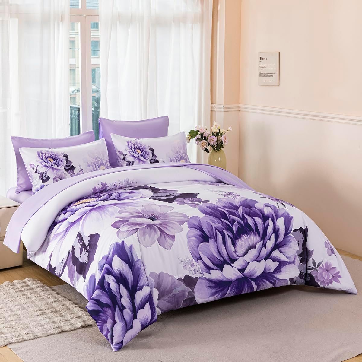 King Size Bed in A Bag Set Floral Comforter Sets - Purple