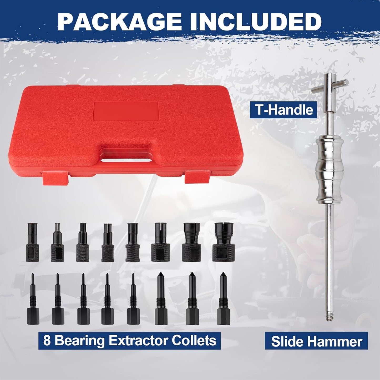 9PCS Blind Hole Collet Bearing Puller Set, Bearing Puller Set and Slide Hammer with Expandable Collets