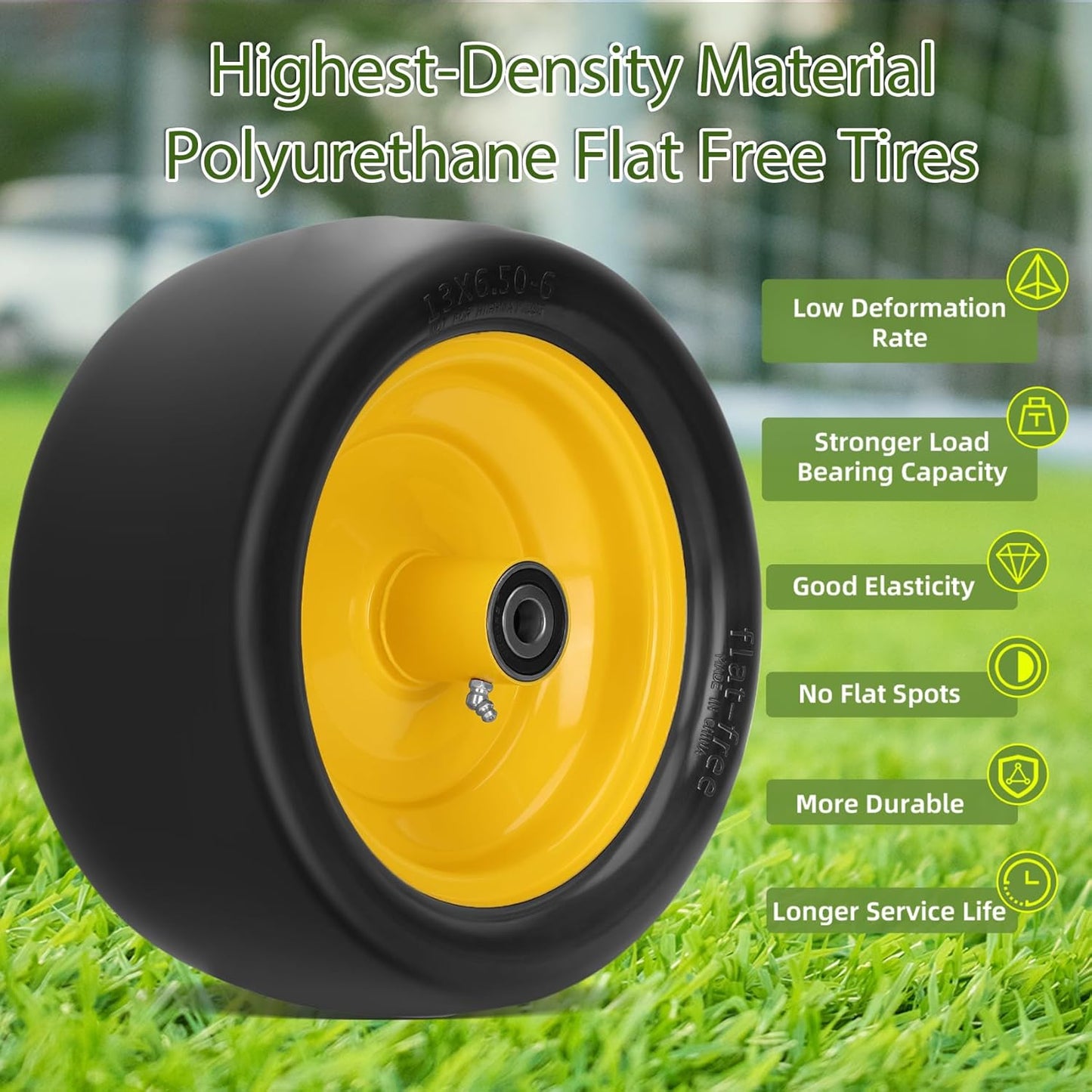2 Pcs 13x6.50-6 Lawn Mower Tires Flat Free with 3/4" Chrome Steel Bearings