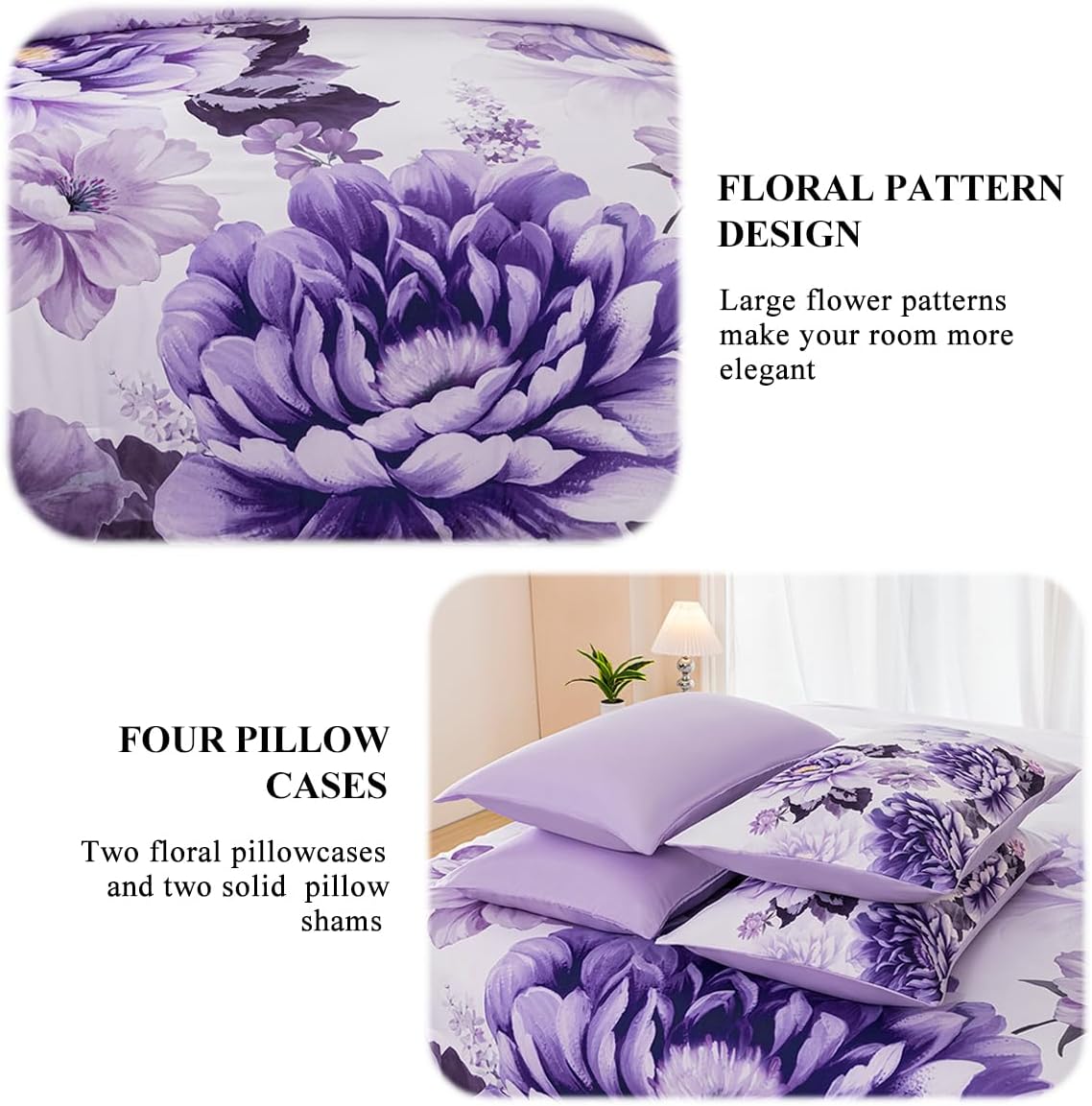 King Size Bed in A Bag Set Floral Comforter Sets - Purple