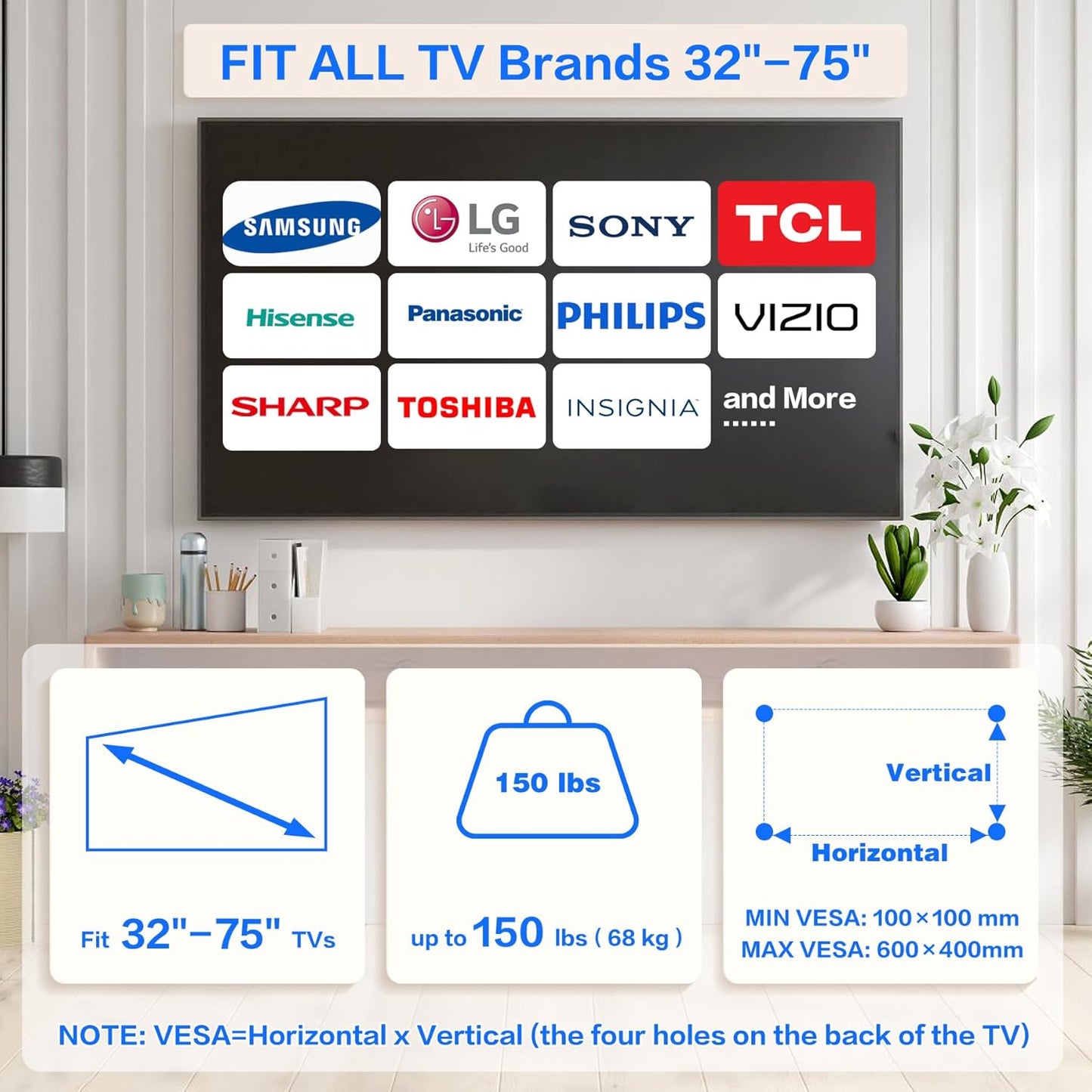 No Stud TV Wall Mount, Studless Drywall TV Mount for 32-75 inch