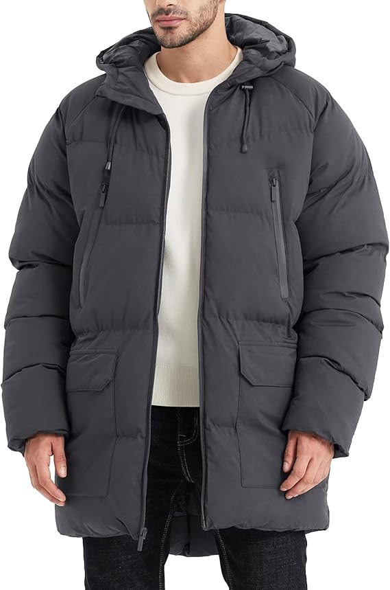 Men's Long Winter Coat Hooded Warm Quilted Jacket - Large