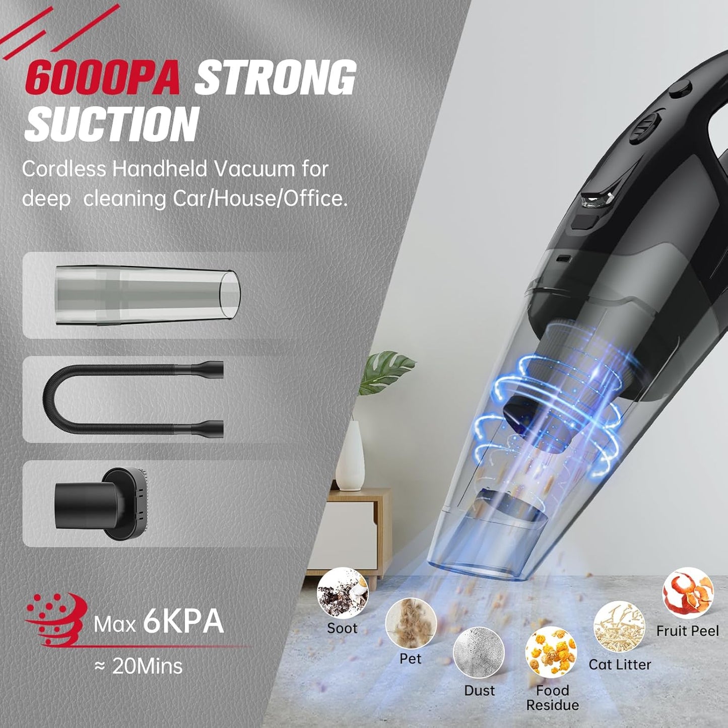 Handheld Vacuum Cordless Rechargeable, Car Vacuum with LED, USB Charge