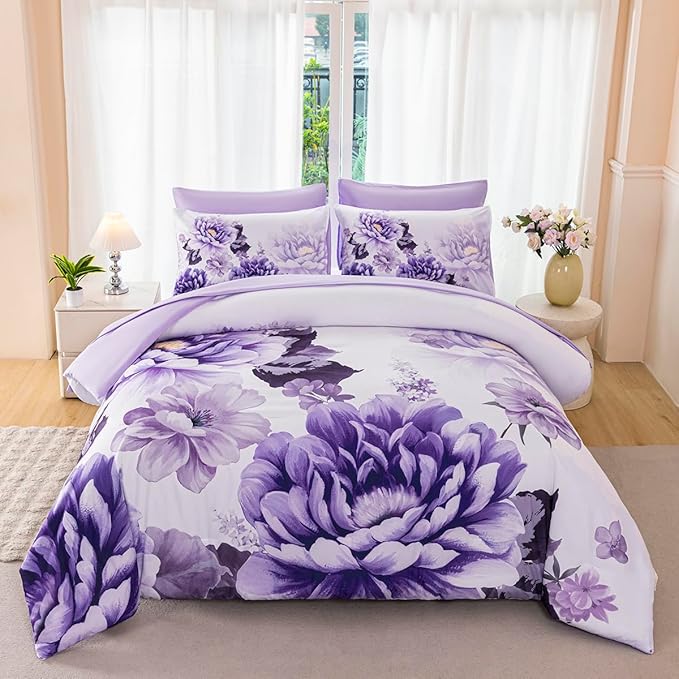 King Size Bed in A Bag Set Floral Comforter Sets - Purple