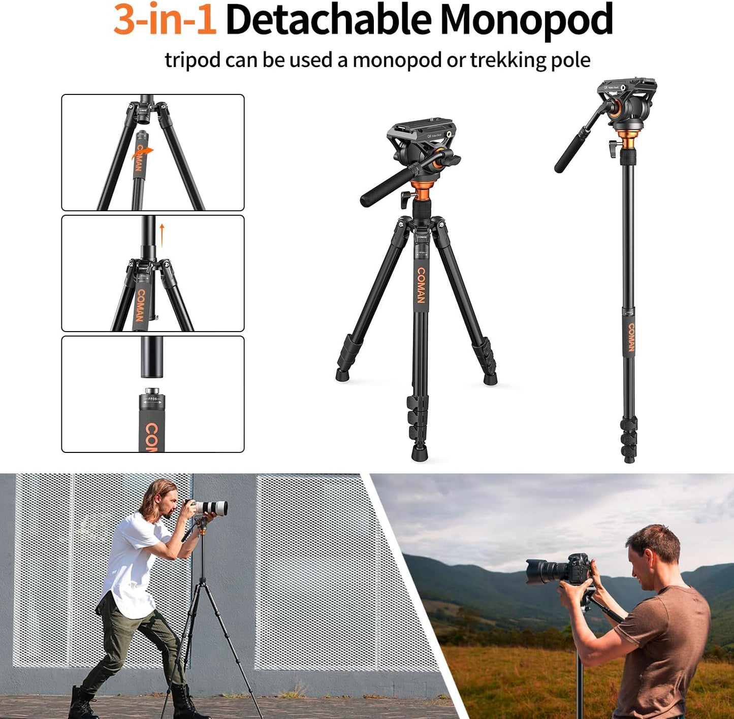 Fluid Head Tripod, COMAN Video Camera Tripod Monopod Aluminium Alloy 70.8 inch Detachable