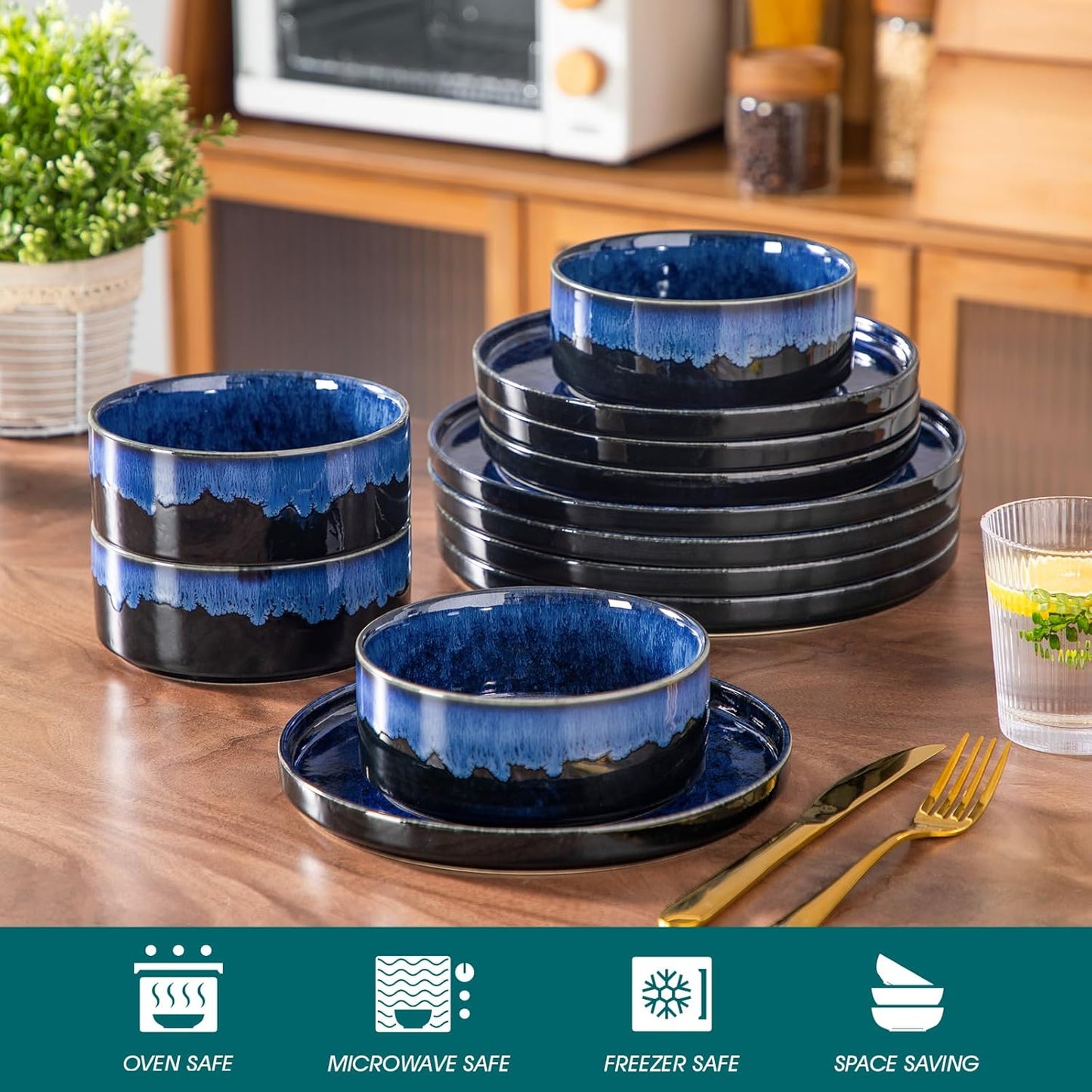 vancasso Starry Plates and Bowls Sets,12 Pieces Blue Dinnerware Sets for Kitchen