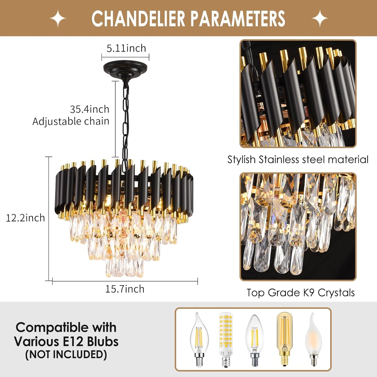 Modern Crystal Chandeliers 15.7”Gold Contemporary Crystal Ceiling Lights Fixtures 3-Tiers 5 Lights