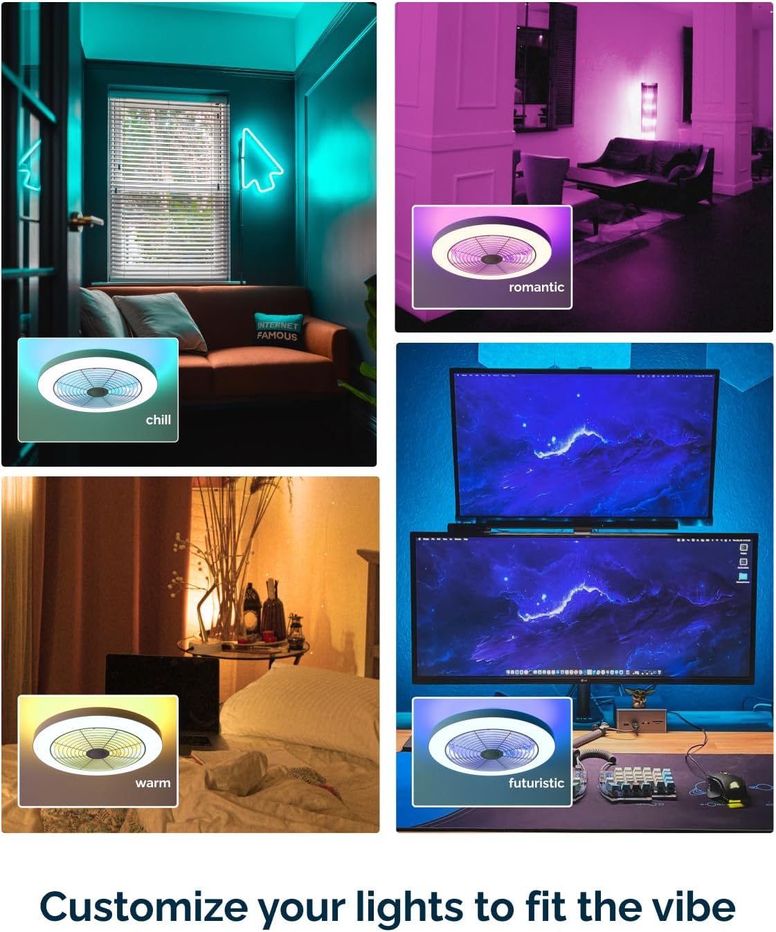 Orison Smart Bladeless Low Profile Ceiling Fan with LED-RGB Ambient Lighting Compatible with Alexa/Google