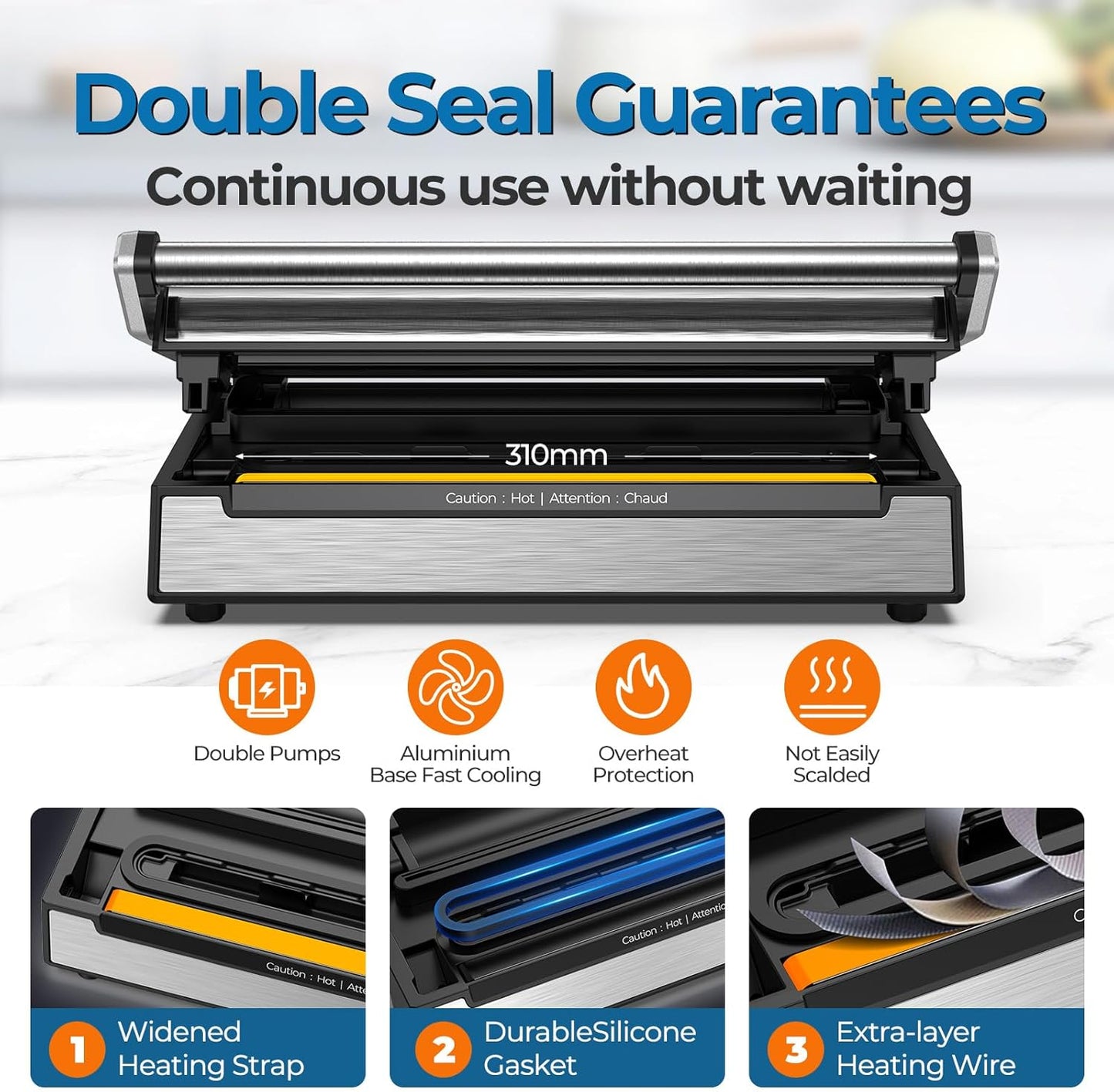 90Kpa Food Vacuum Sealer, Stainless Steel Vacuum Sealer Machine for Food with Double Heat Seal
