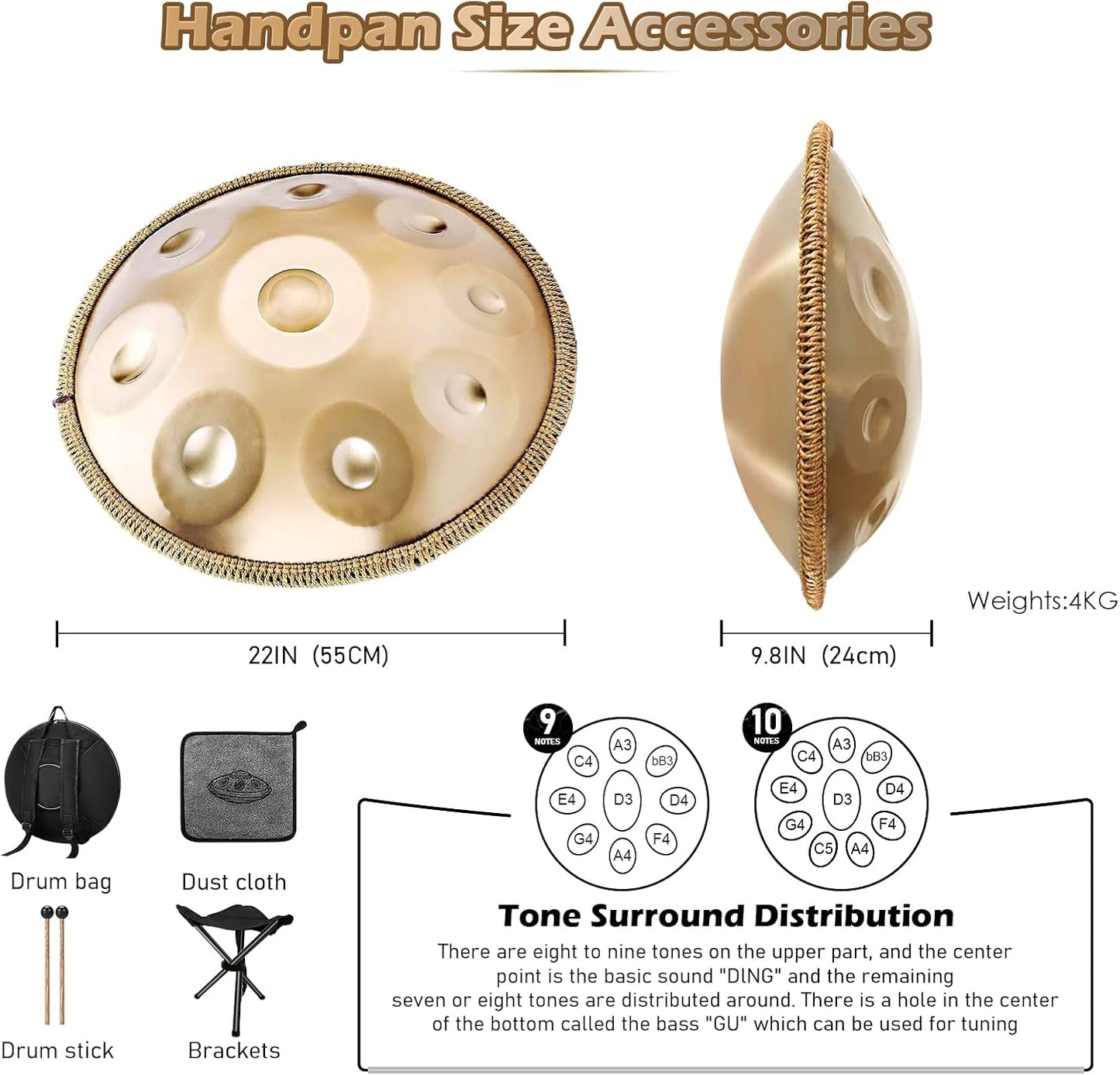 Handpan 22 Inches Drum Set, 440Hz 10 Notes Hand Drum Instrument, Premium Steel Hand Drum