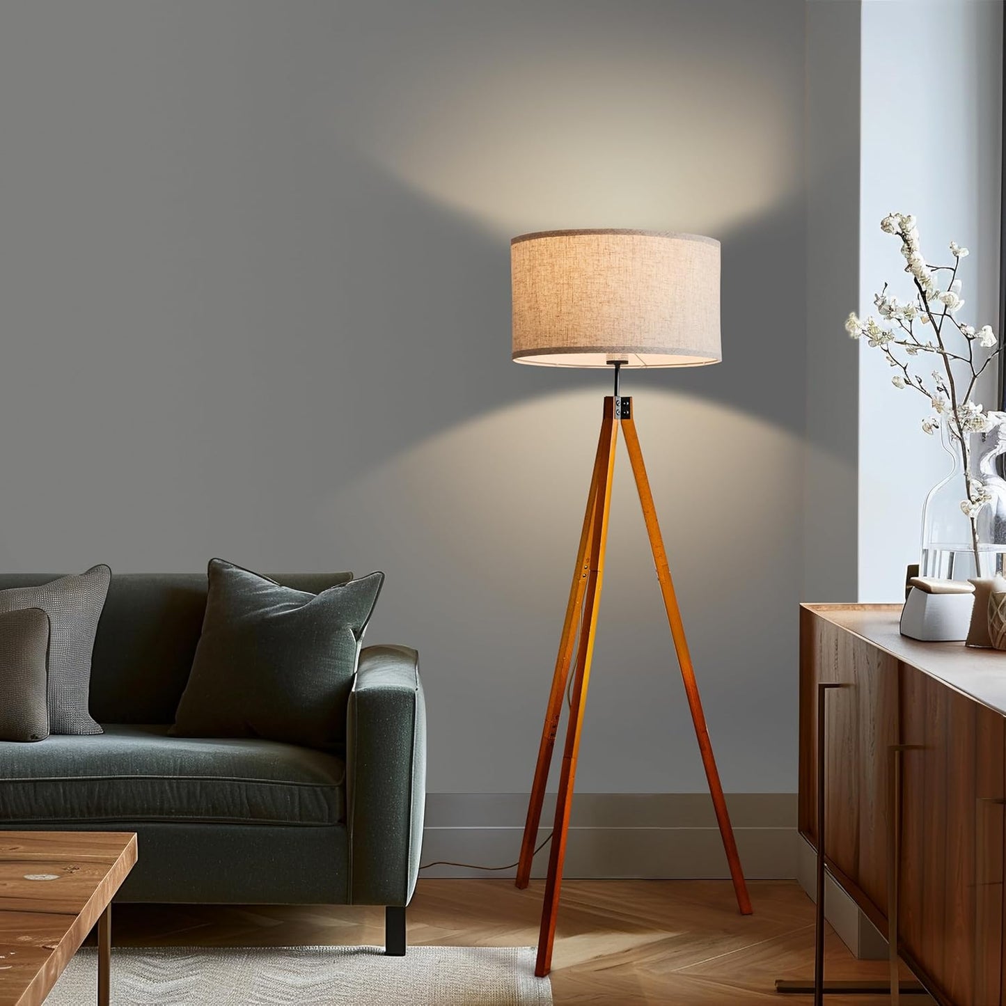 Brightech Eden Tripod Floor Lamp, Dimmable Standing Lamp with Solid Wood Legs