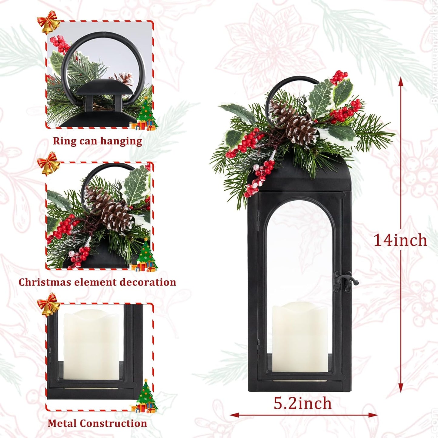 Outdoor Lantern Large, 15.5“ Battery Large Lanterns with Flameless Candle
