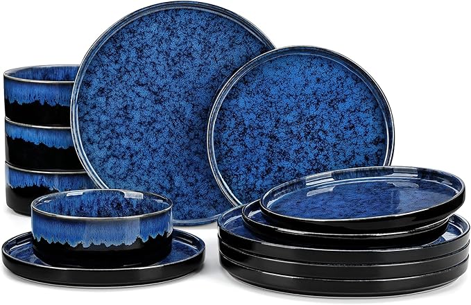 vancasso Starry Plates and Bowls Sets,12 Pieces Blue Dinnerware Sets for Kitchen