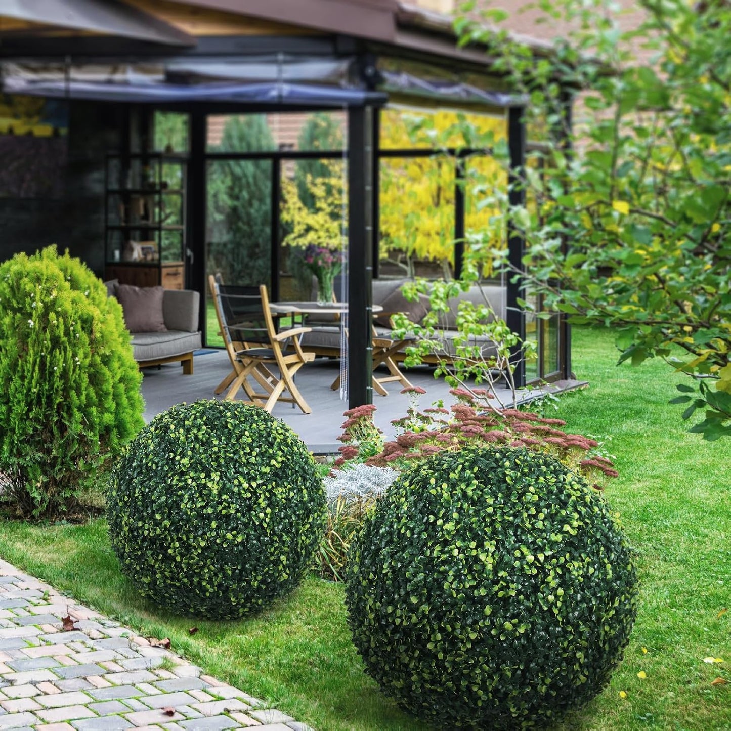 20 Inch 2 Packs Artificial Boxwood Balls Topiary Balls, 4 Layers of UV-Resistant Greenery Balls