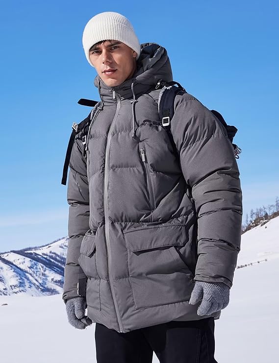 Men's Long Winter Coat Hooded Warm Quilted Jacket - Large