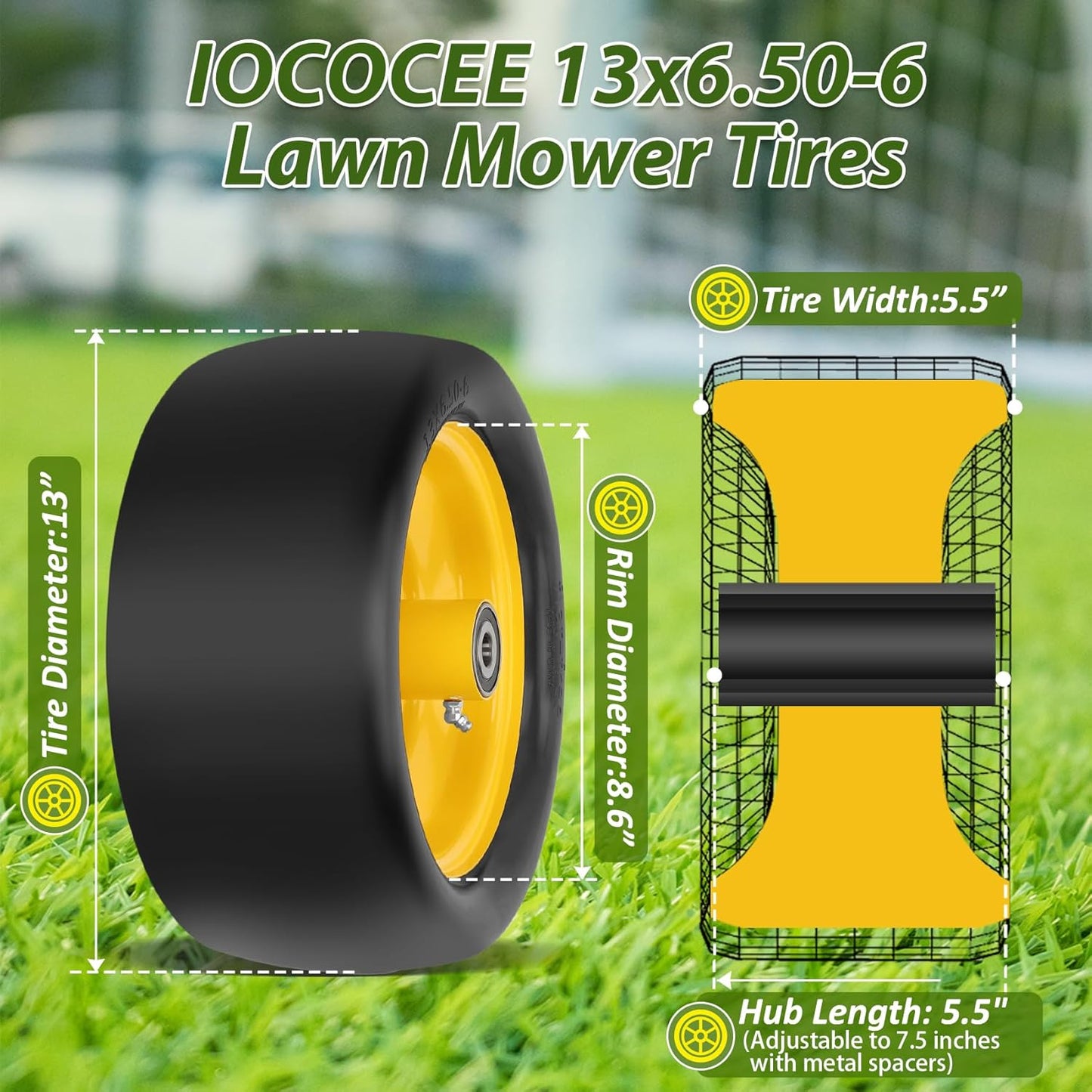 2 Pcs 13x6.50-6 Lawn Mower Tires Flat Free with 3/4" Chrome Steel Bearings