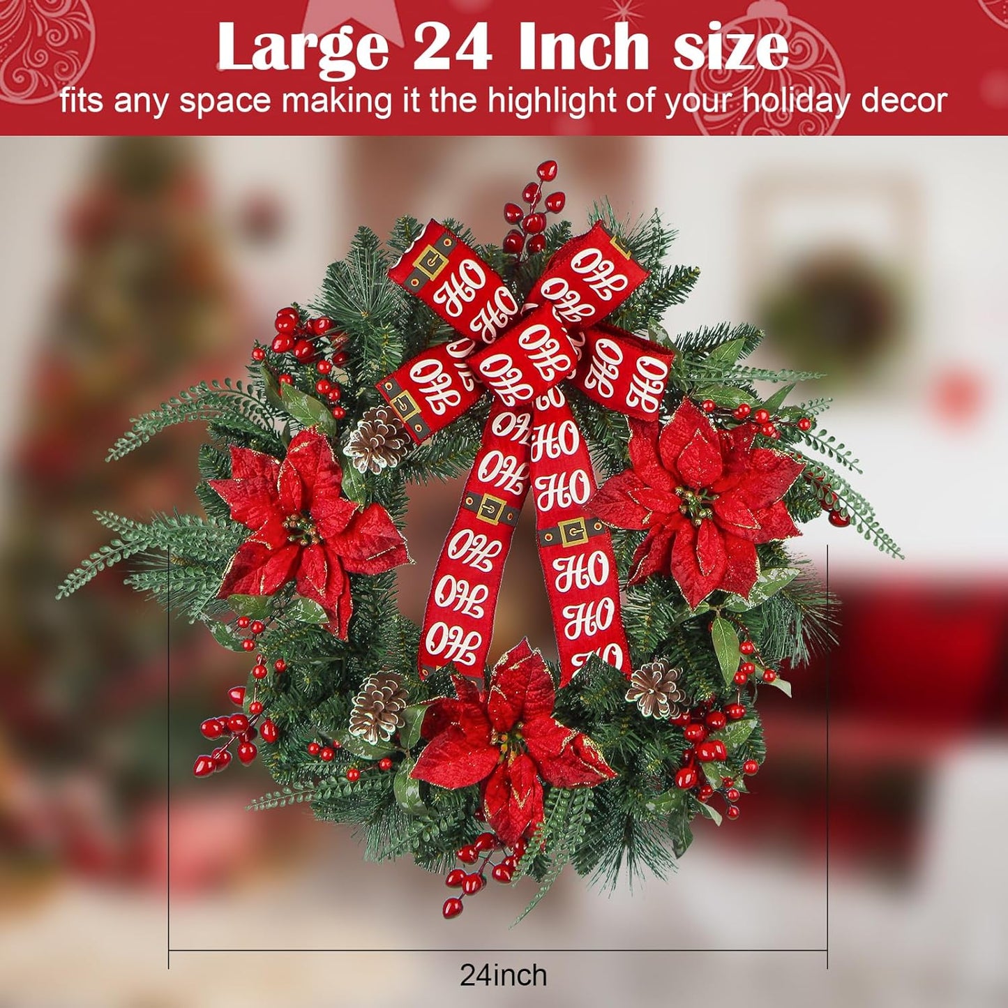 Wreath for Front Door 24 Inch Artificial Christmas Wreath with Pine Needles,Pinecones Red Berries