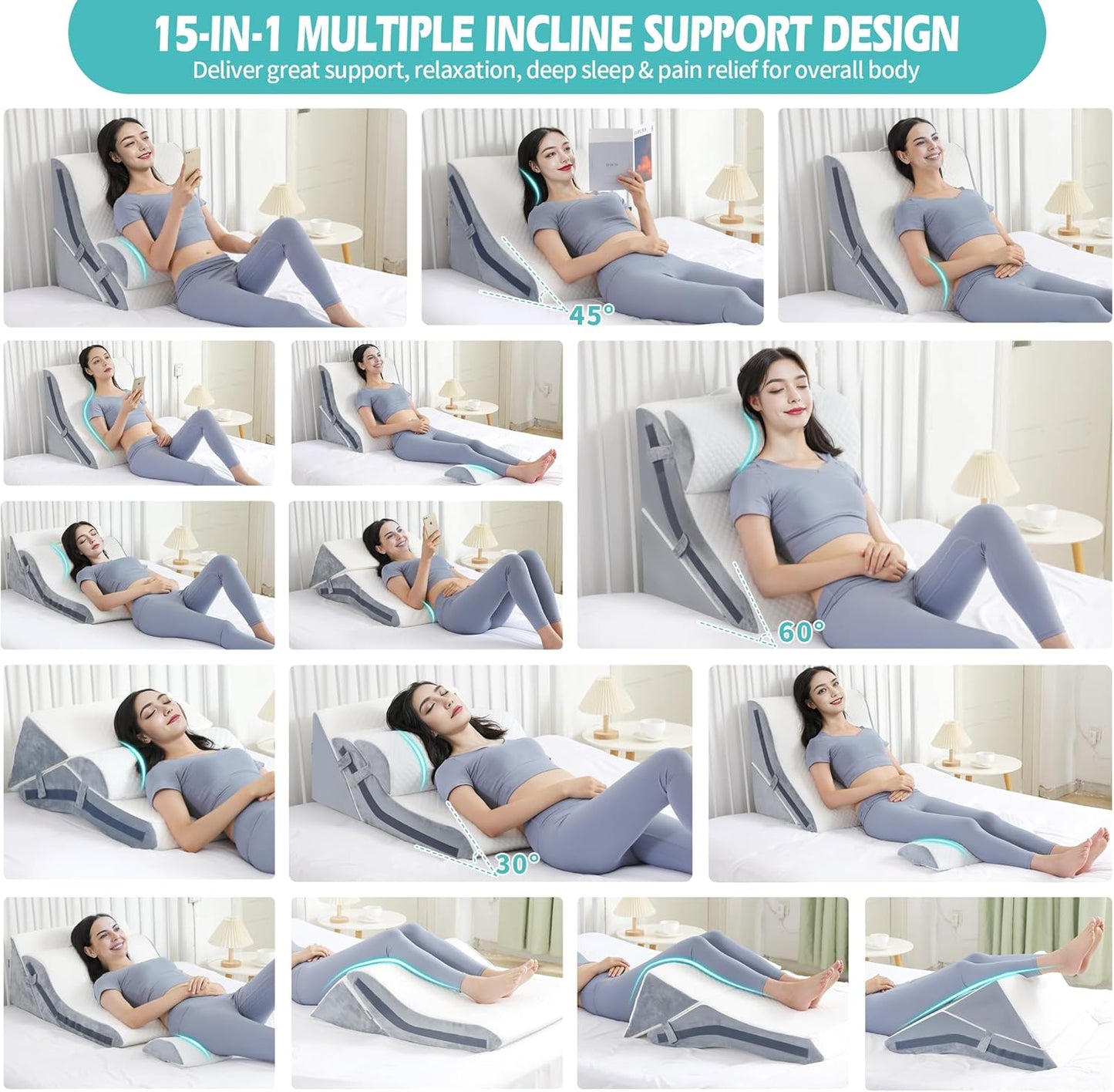 Wedge Pillow for Sleeping, Orthopedic Bed Wedge Pillow Set, 15-in-1