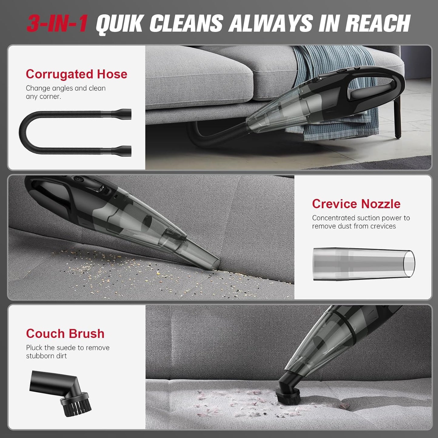 Handheld Vacuum Cordless Rechargeable, Car Vacuum with LED, USB Charge