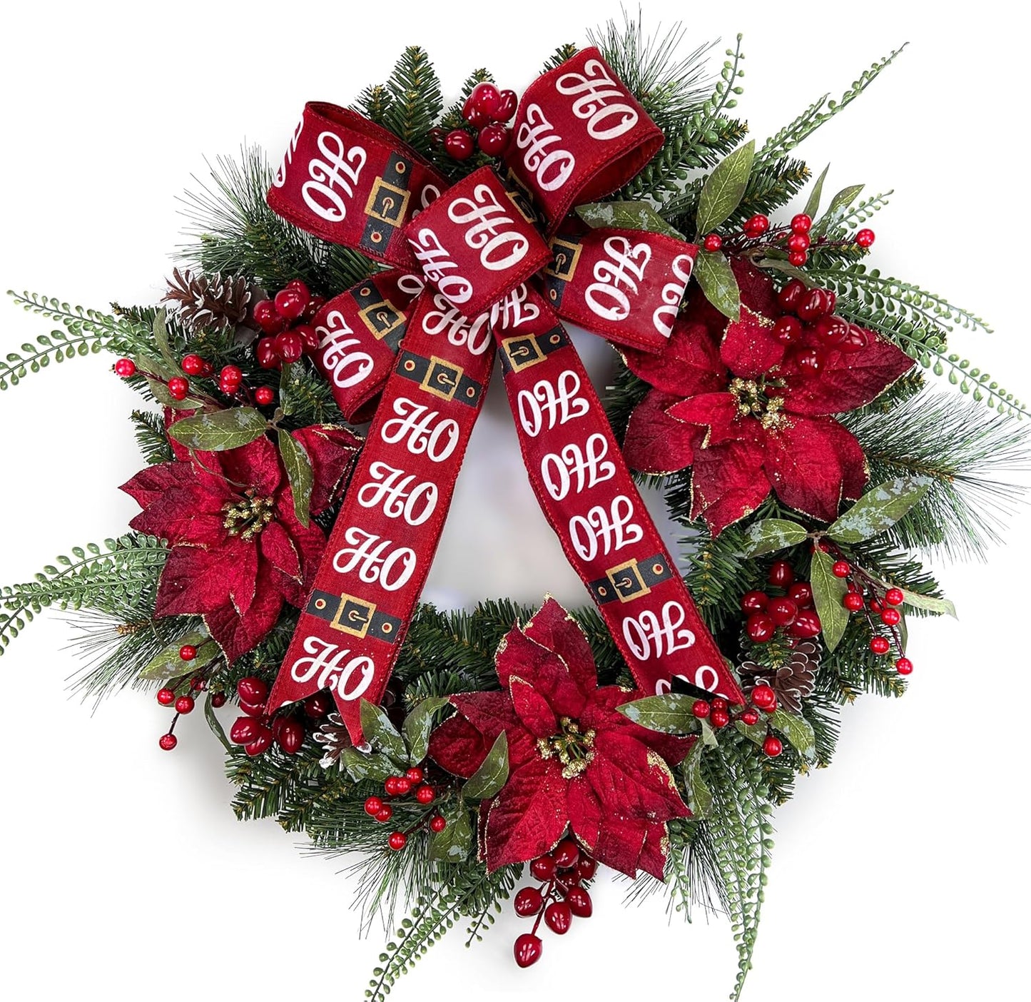 Wreath for Front Door 24 Inch Artificial Christmas Wreath with Pine Needles,Pinecones Red Berries