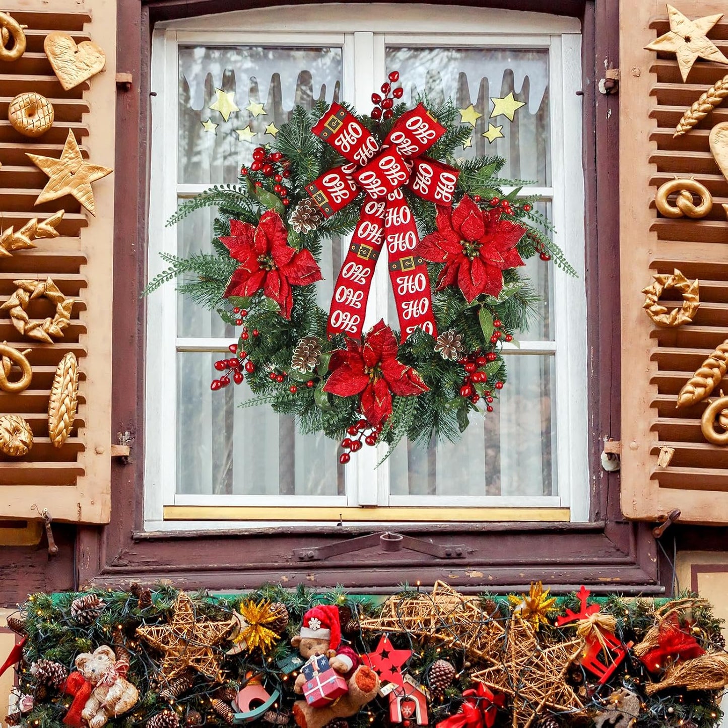 Wreath for Front Door 24 Inch Artificial Christmas Wreath with Pine Needles,Pinecones Red Berries