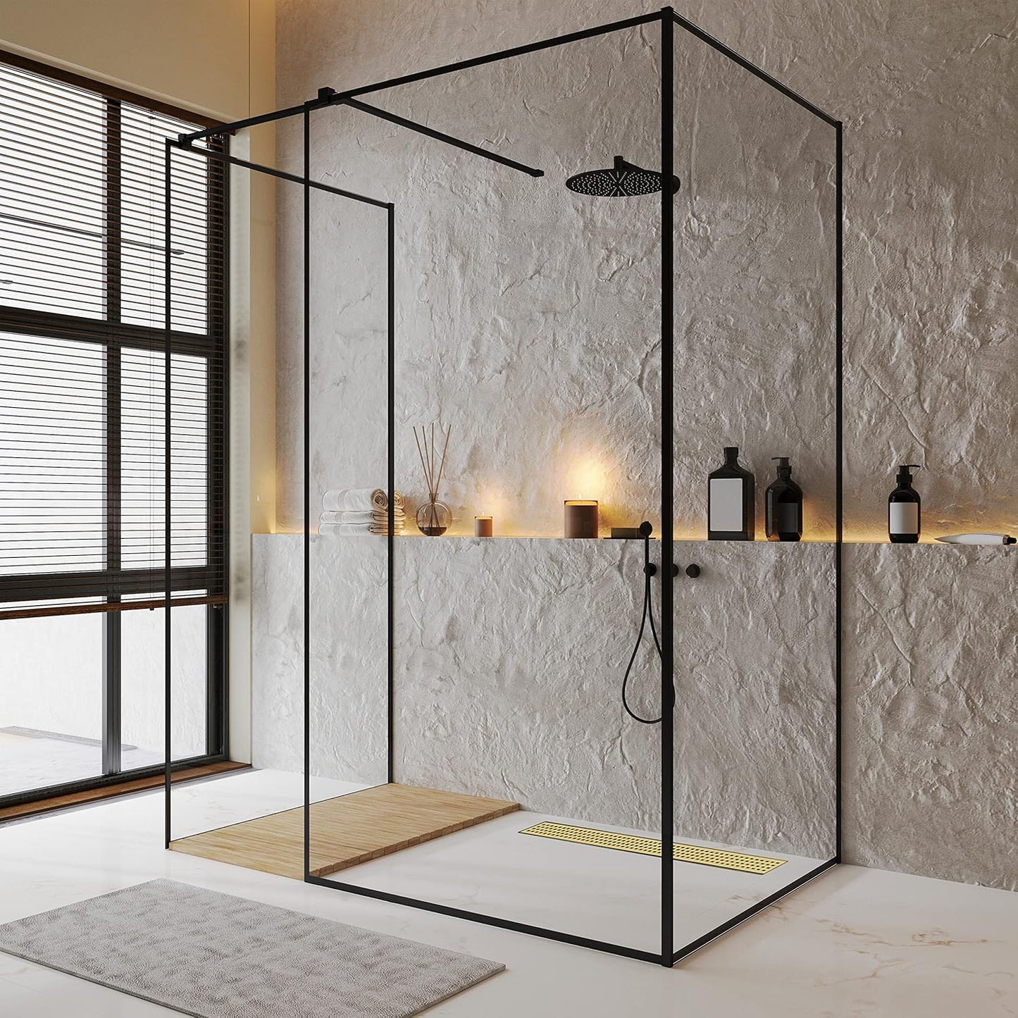 24 Inch Gold Rectangular Shower Drain with Removable Quadrato Pattern Cover Grate