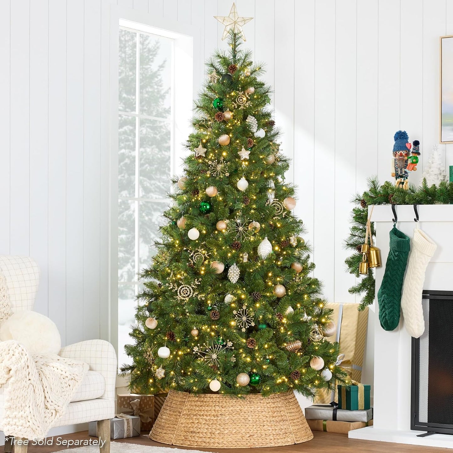 A Christmas tree decorated with ornaments and a tree collar made of woven hyacinth placed around its base, set in a home environment.
