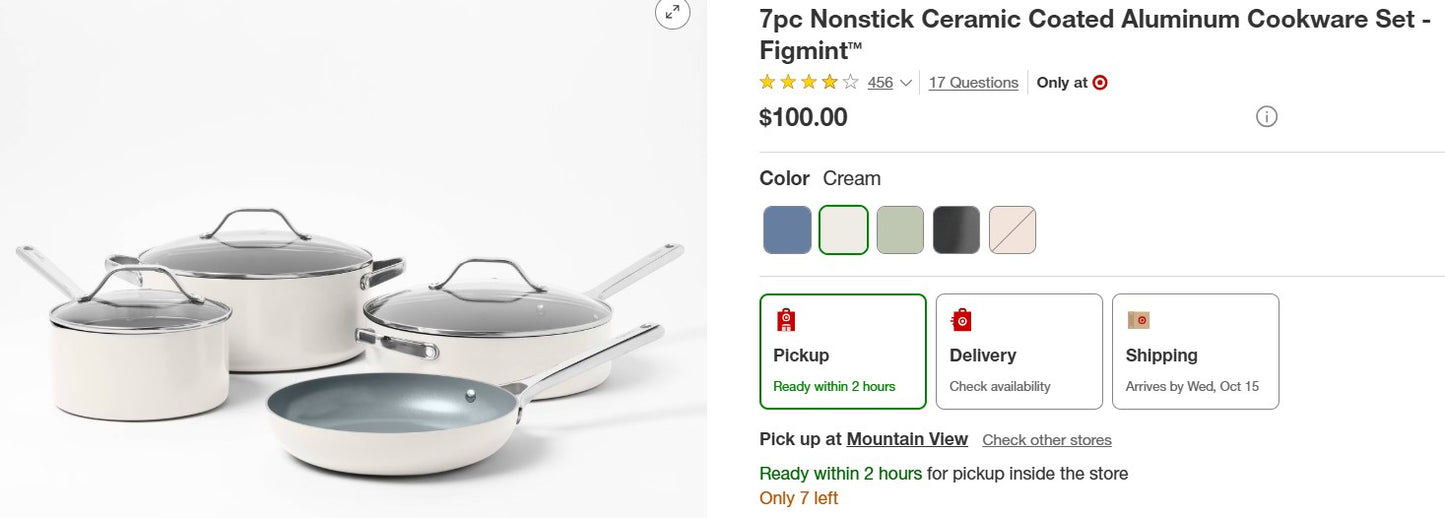 7pc Nonstick Ceramic Coated Aluminum Cookware Set