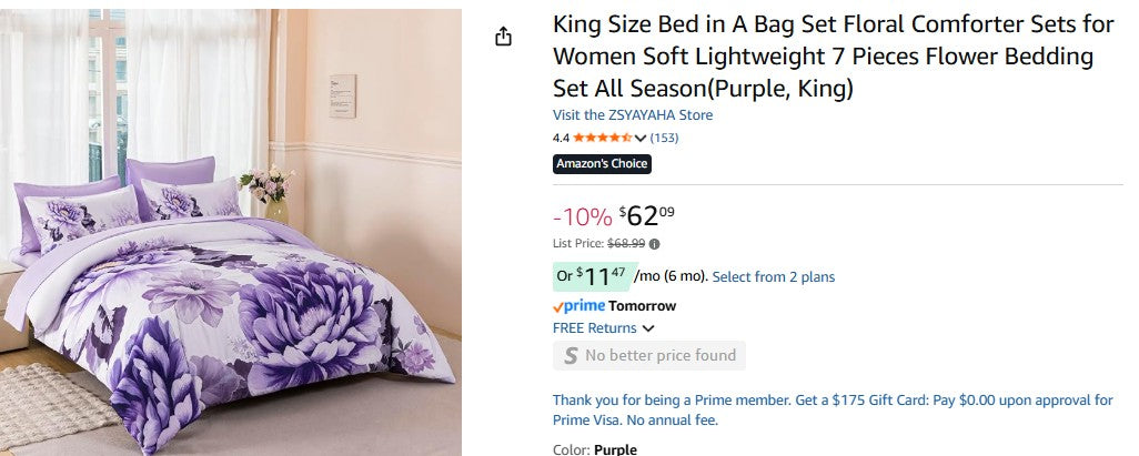 King Size Bed in A Bag Set Floral Comforter Sets - Purple