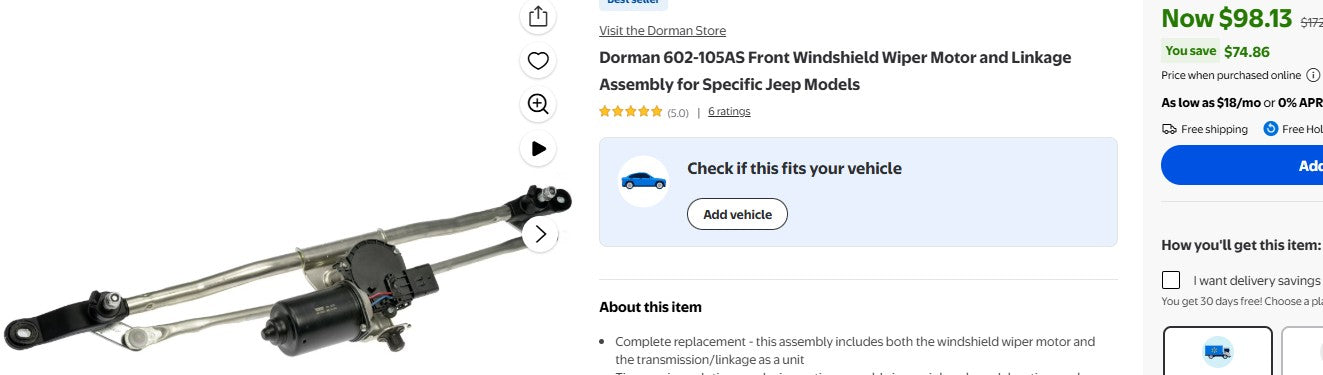 Dorman 602-105AS Front Windshield Wiper Motor and Linkage Assembly for Specific Jeep Models