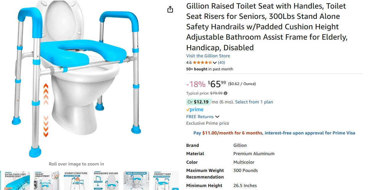 Gillion Raised Toilet Seat with Handles, 300Lbs Stand Alone