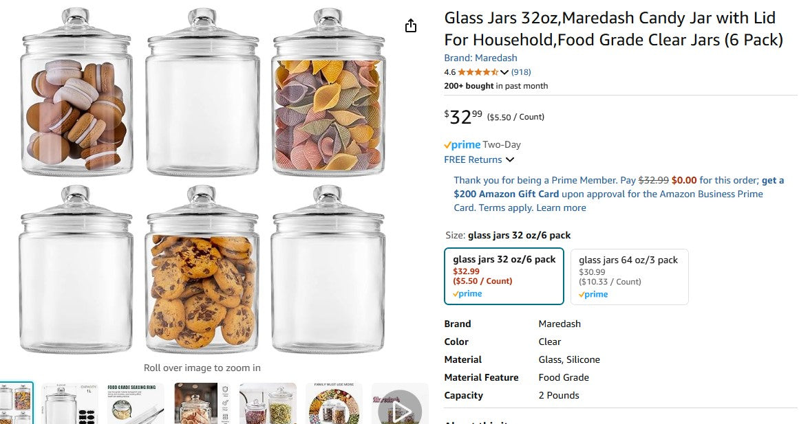Glass Jars 32 oz, Maredash Candy Jar with Lid For Household 6 Pack