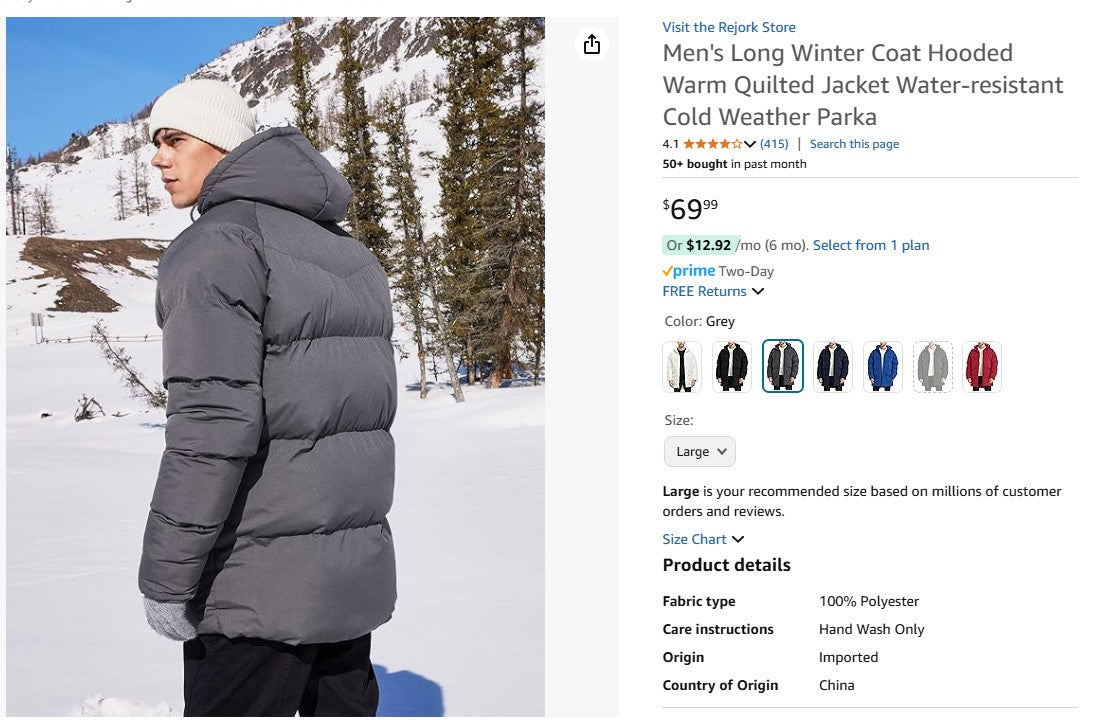 Men's Long Winter Coat Hooded Warm Quilted Jacket - Large