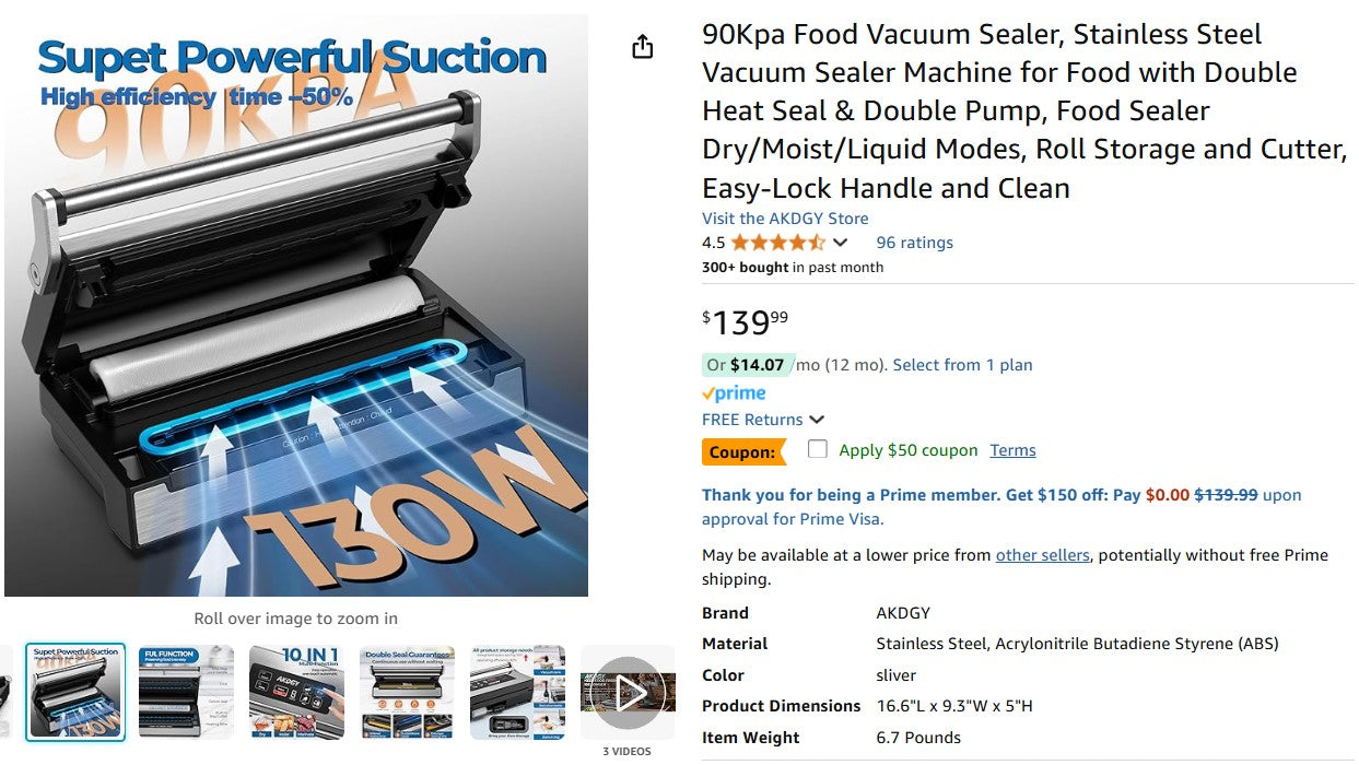 90Kpa Food Vacuum Sealer, Stainless Steel Vacuum Sealer Machine for Food with Double Heat Seal